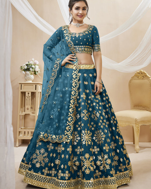 Prussian Blue Art Silk Embroidered Lehenga Choli