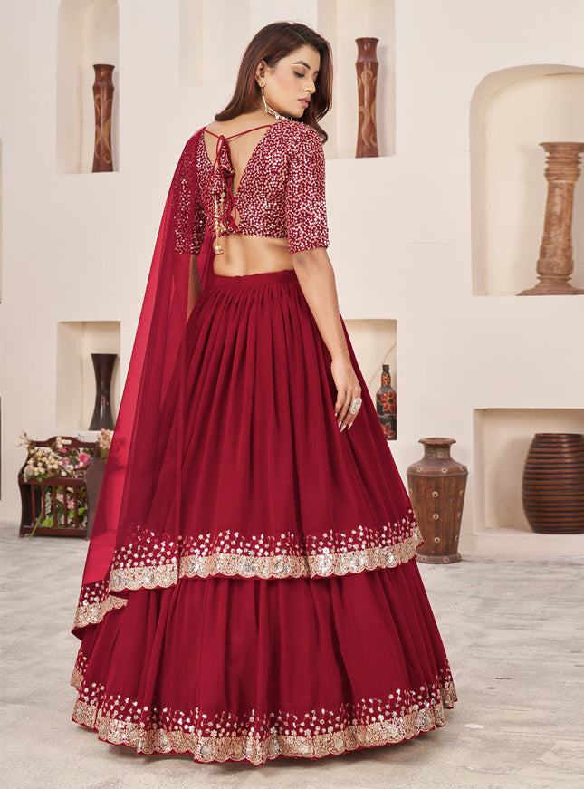 Berry Red Georgette Embroidered Lehenga Choli