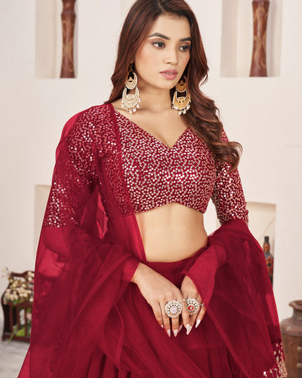 Berry Red Georgette Embroidered Lehenga Choli