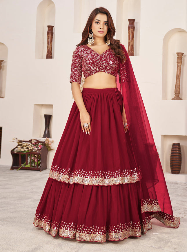 Berry Red Georgette Embroidered Lehenga Choli