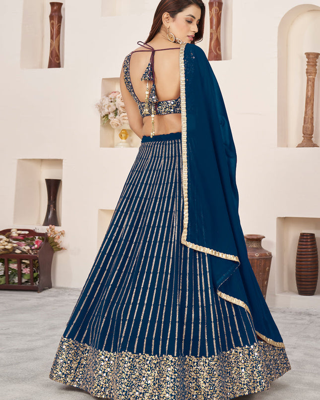 Teal Blue Georgette Embroidered Wedding Lehenga Choli Set