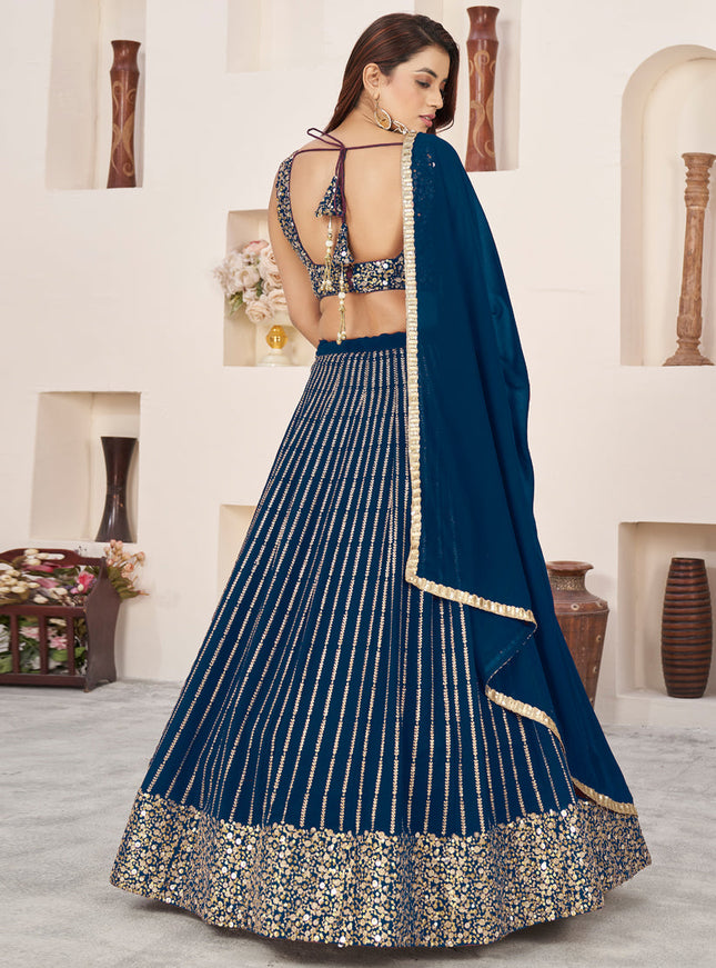 Teal Blue Georgette Embroidered Wedding Lehenga Choli Set