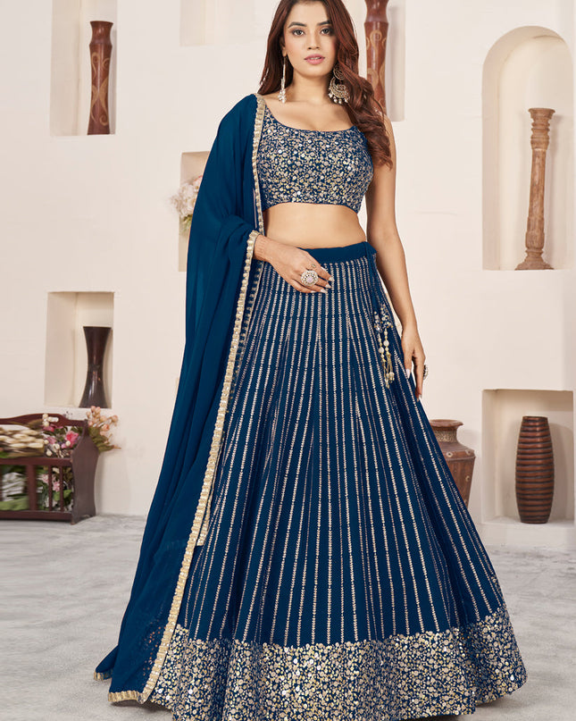Teal Blue Georgette Embroidered Wedding Lehenga Choli Set
