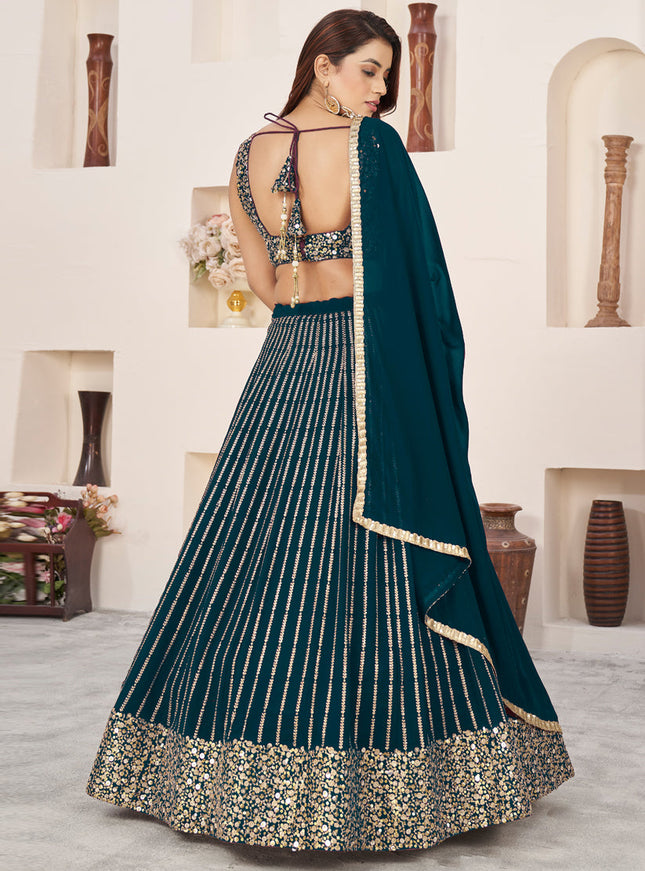 Teal Green Georgette Embroidered Wedding Lehenga Choli Set