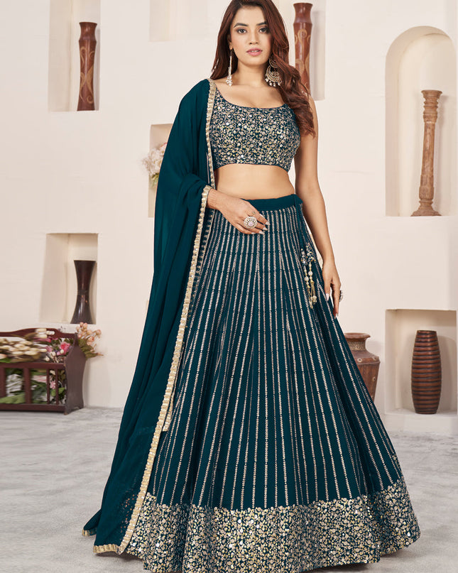 Teal Green Georgette Embroidered Wedding Lehenga Choli Set