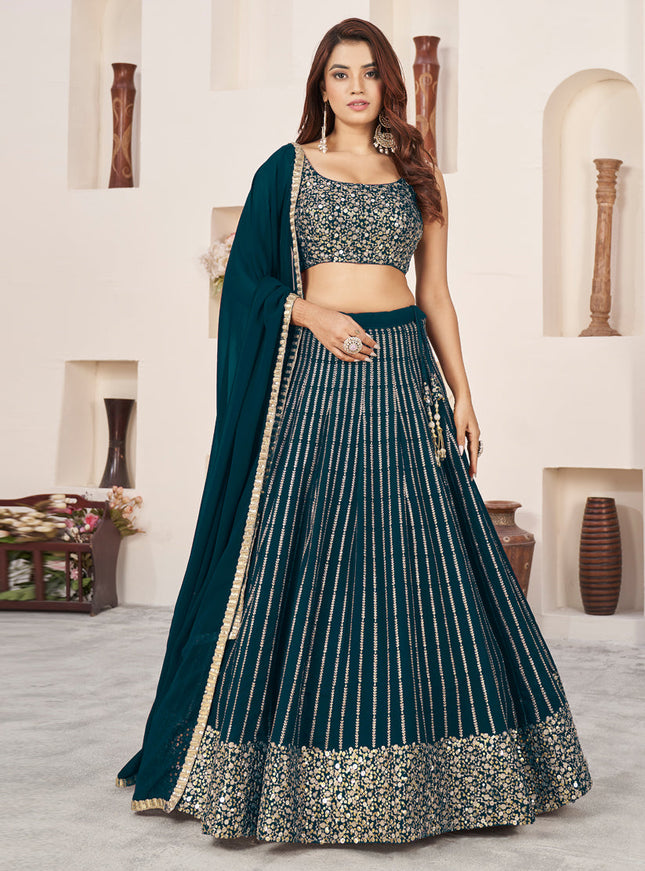 Teal Green Georgette Embroidered Wedding Lehenga Choli Set