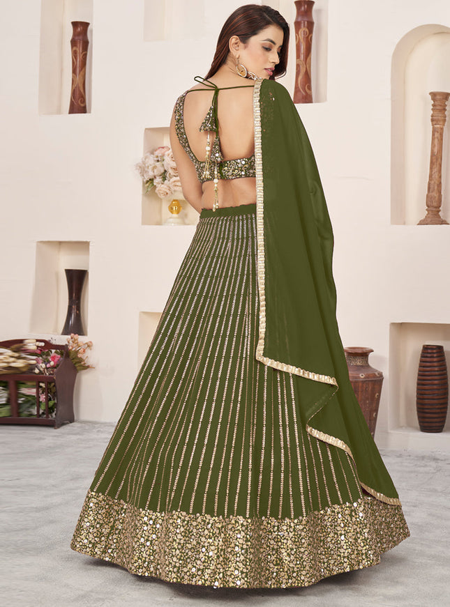 Olive Green Georgette Embroidered Wedding Lehenga Choli Set