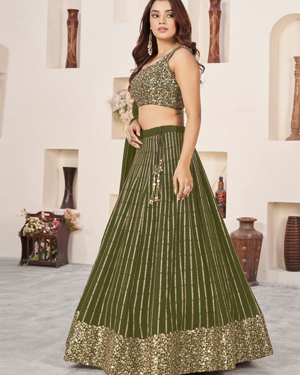 Olive Green Georgette Embroidered Wedding Lehenga Choli Set