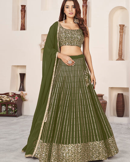 Olive Green Georgette Embroidered Wedding Lehenga Choli Set