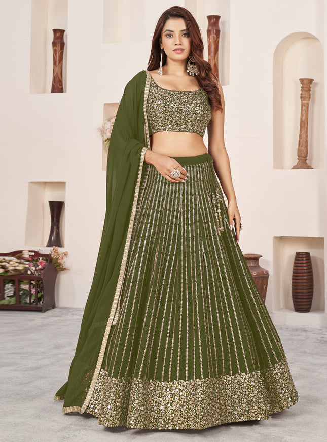 Olive Green Georgette Embroidered Wedding Lehenga Choli Set