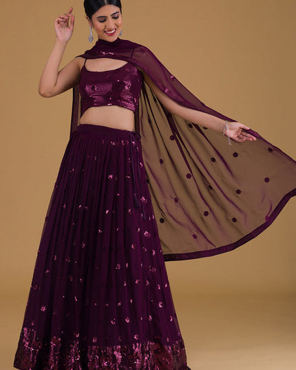 purple embroidered georgette lehenga choli set