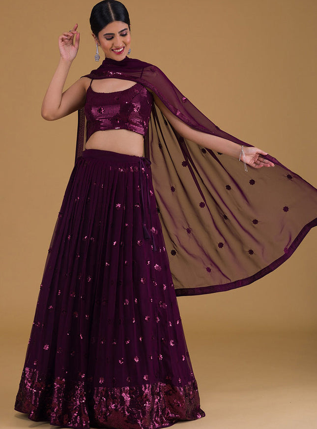 purple embroidered georgette lehenga choli set