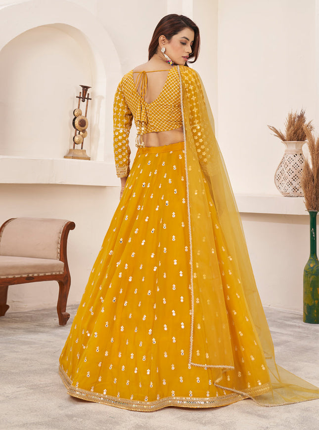 Mustard Yellow Georgette Embroidered Lehenga Choli