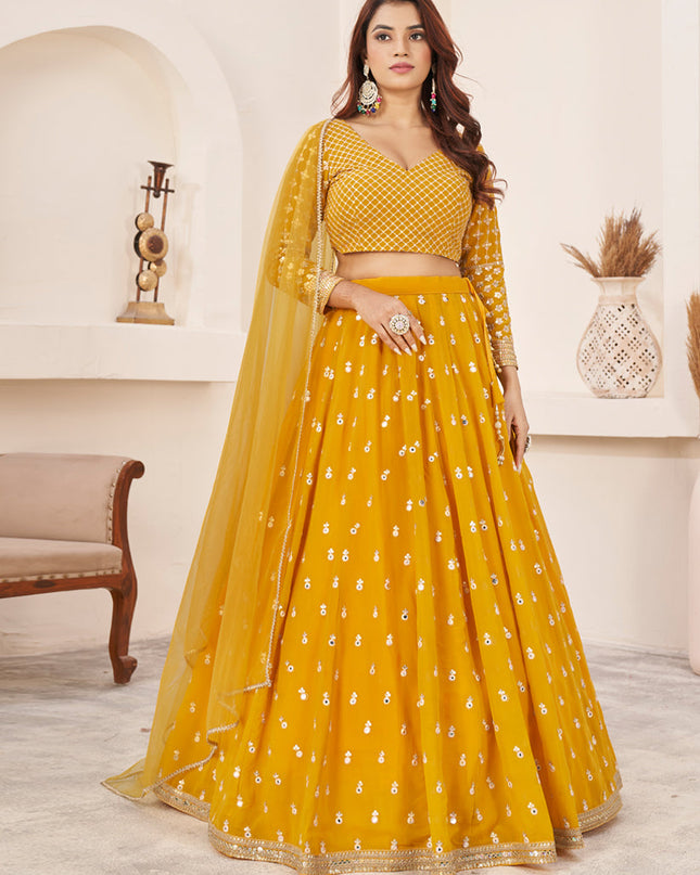 Mustard Yellow Georgette Embroidered Lehenga Choli