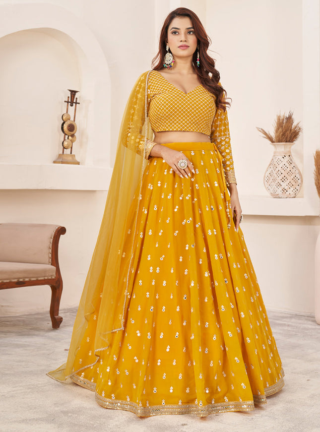 Mustard Yellow Georgette Embroidered Lehenga Choli