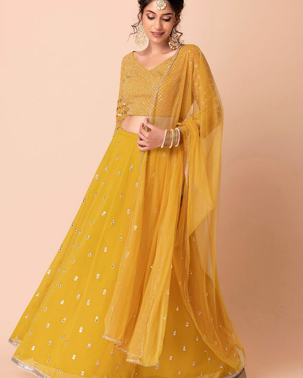 yellow embroidered georgette lehenga choli set