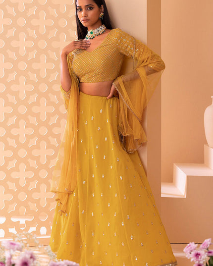 yellow embroidered georgette lehenga choli set