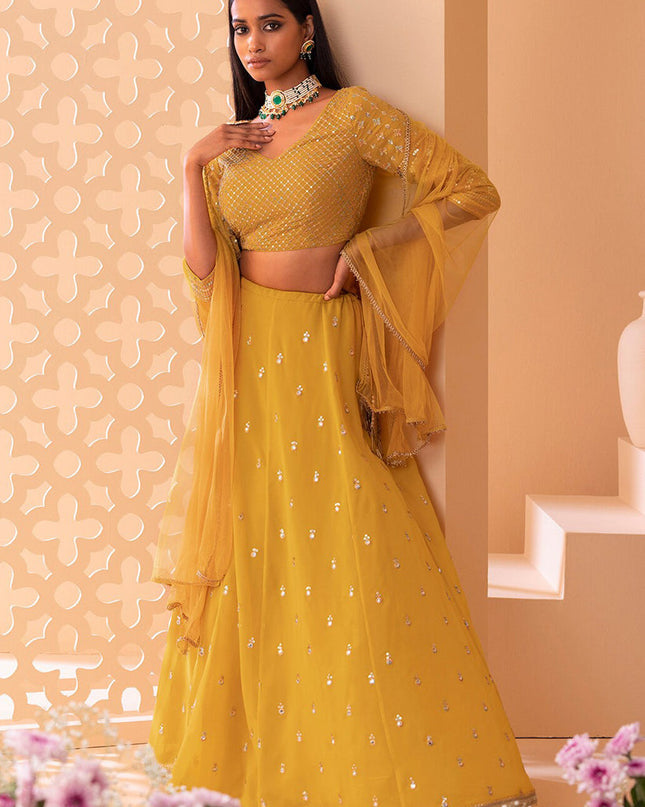 yellow embroidered georgette lehenga choli set