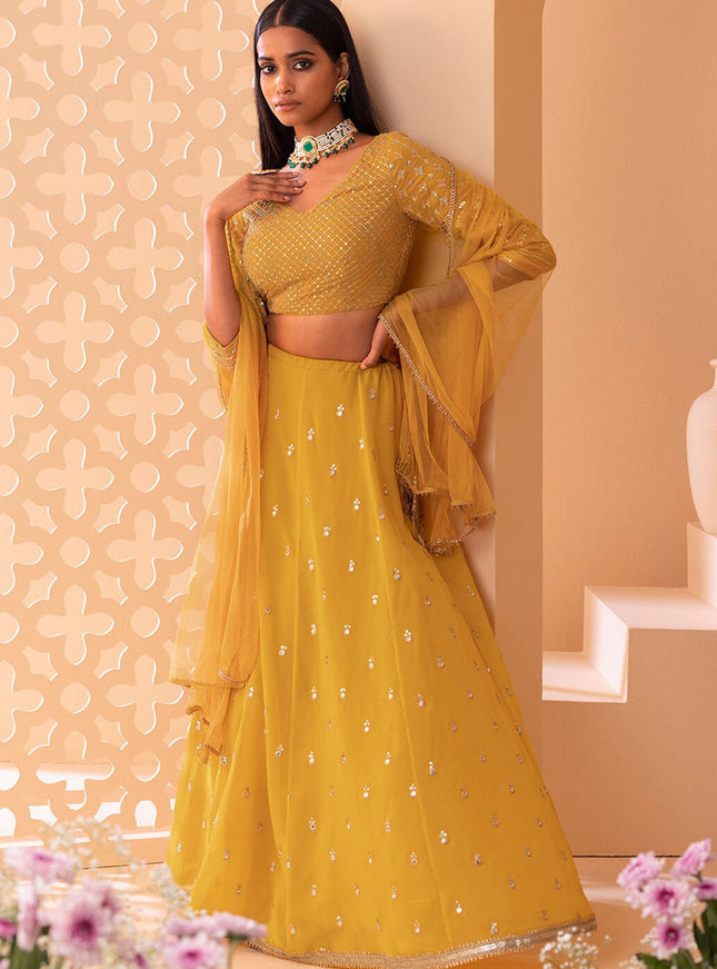 yellow embroidered georgette lehenga choli set
