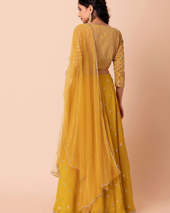 yellow embroidered georgette lehenga choli set