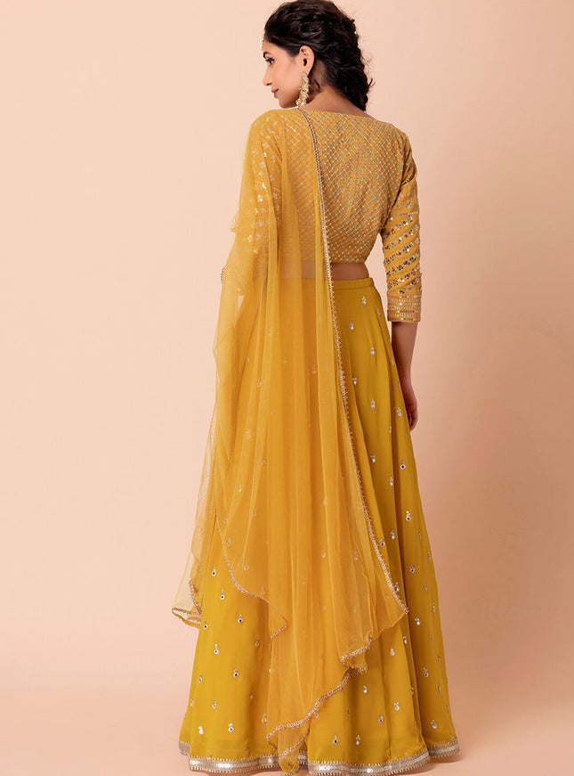 yellow embroidered georgette lehenga choli set