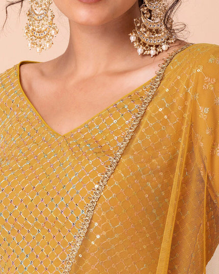 yellow embroidered georgette lehenga choli set