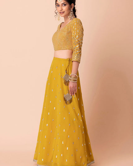 yellow embroidered georgette lehenga choli set