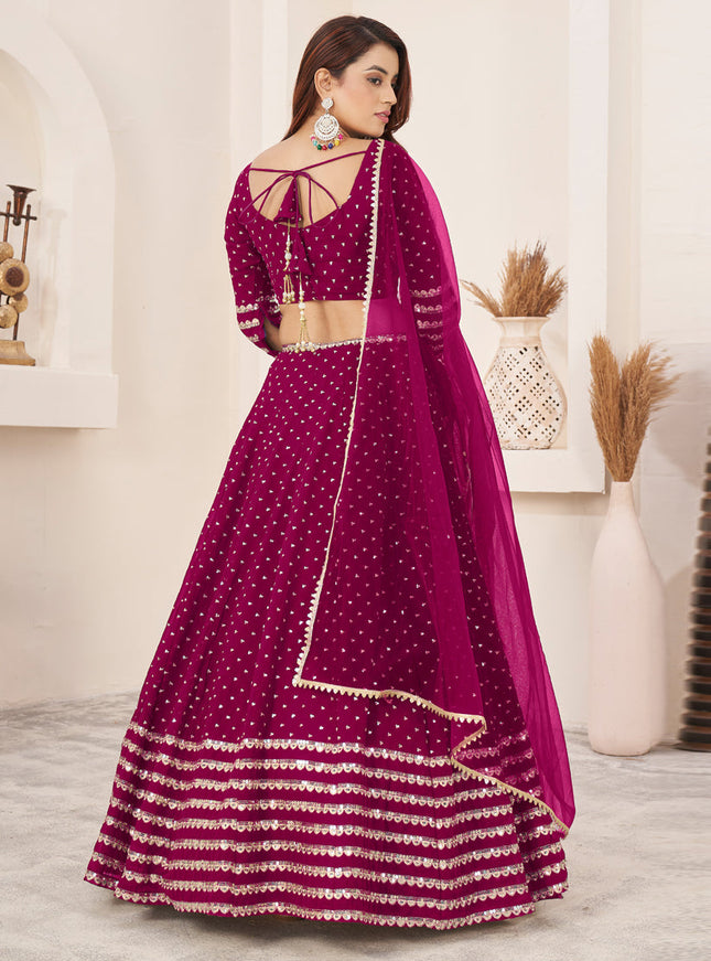 Raspberry Pink Georgette Embroidered Wedding Lehenga Choli Set