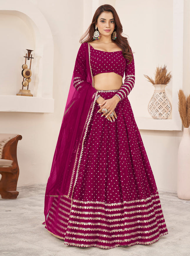 Raspberry Pink Georgette Embroidered Wedding Lehenga Choli Set