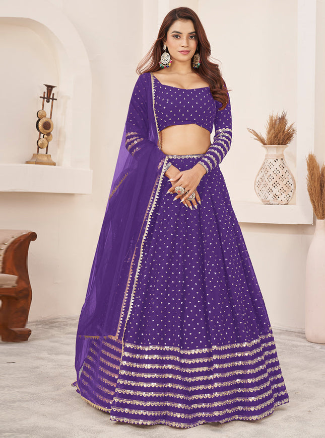 Purple Georgette Embroidered Wedding Lehenga Choli Set
