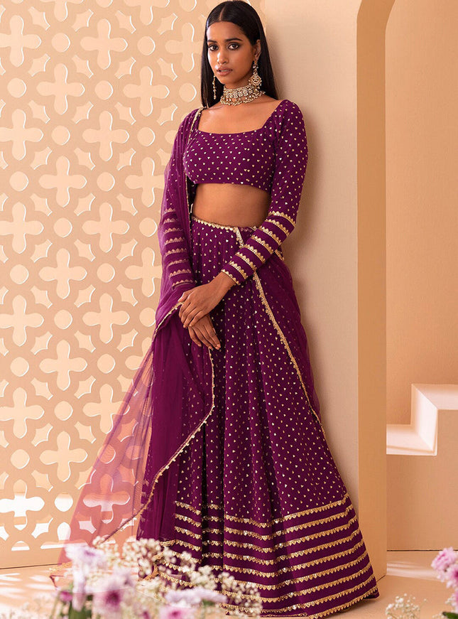 wine embroidered georgette lehenga choli set