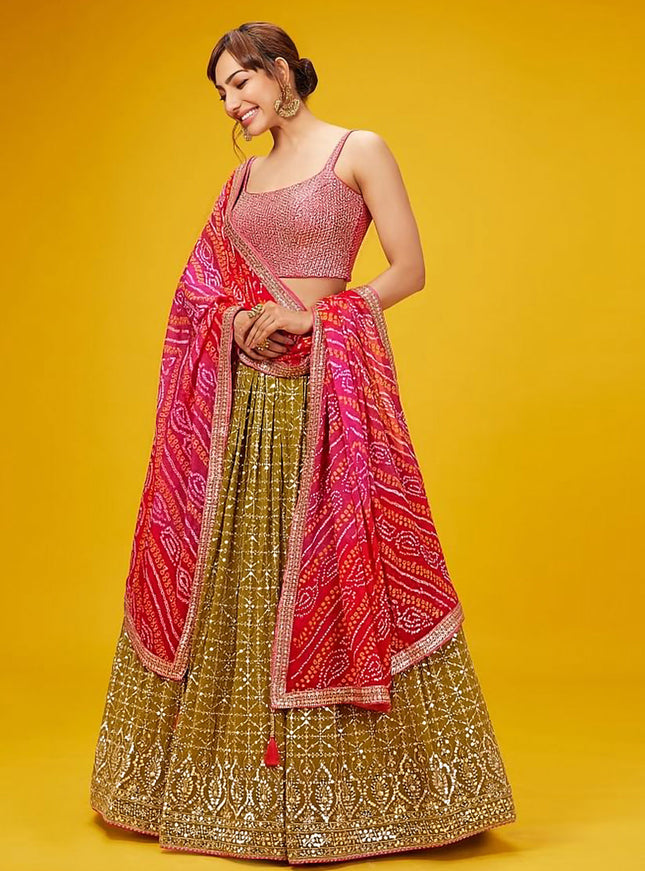 Olive Green Heavy Designer Georgette Lehenga Choli