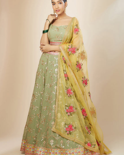Pista Green Heavy Designer Georgette Lehenga Choli