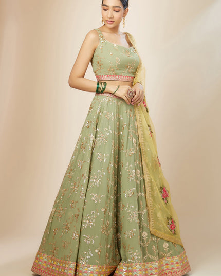 Pista Green Heavy Designer Georgette Lehenga Choli