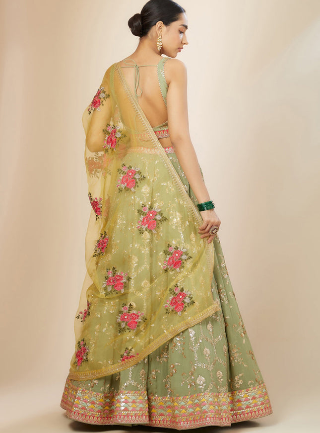 Pista Green Heavy Designer Georgette Lehenga Choli