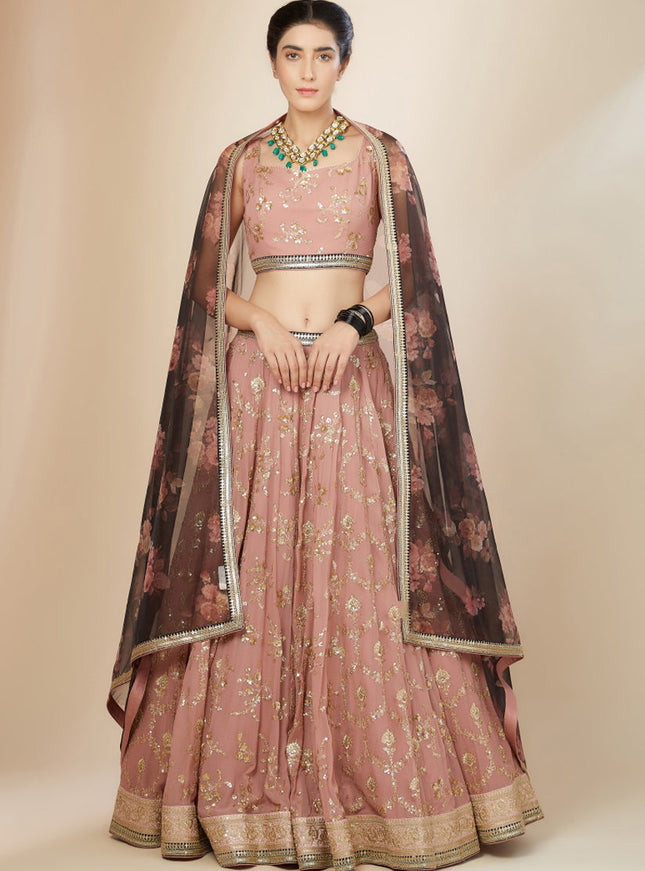 Salmon Pink Heavy Designer Georgette Lehenga Choli