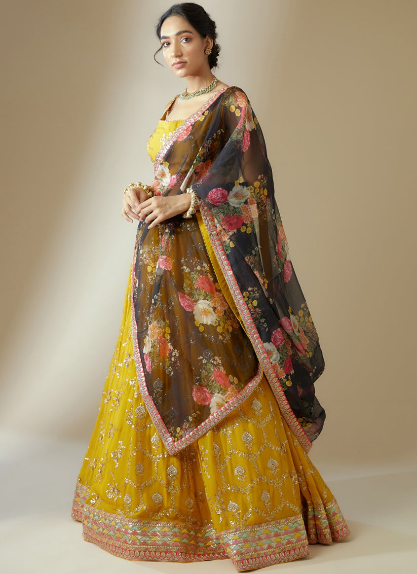 Golden Yellow Heavy Designer Georgette Lehenga Choli