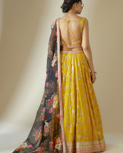Golden Yellow Heavy Designer Georgette Lehenga Choli