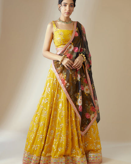 Golden Yellow Heavy Designer Georgette Lehenga Choli