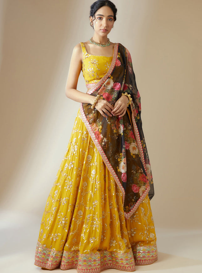 Golden Yellow Heavy Designer Georgette Lehenga Choli