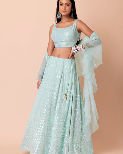 mint blue embroidered georgette lehenga choli set