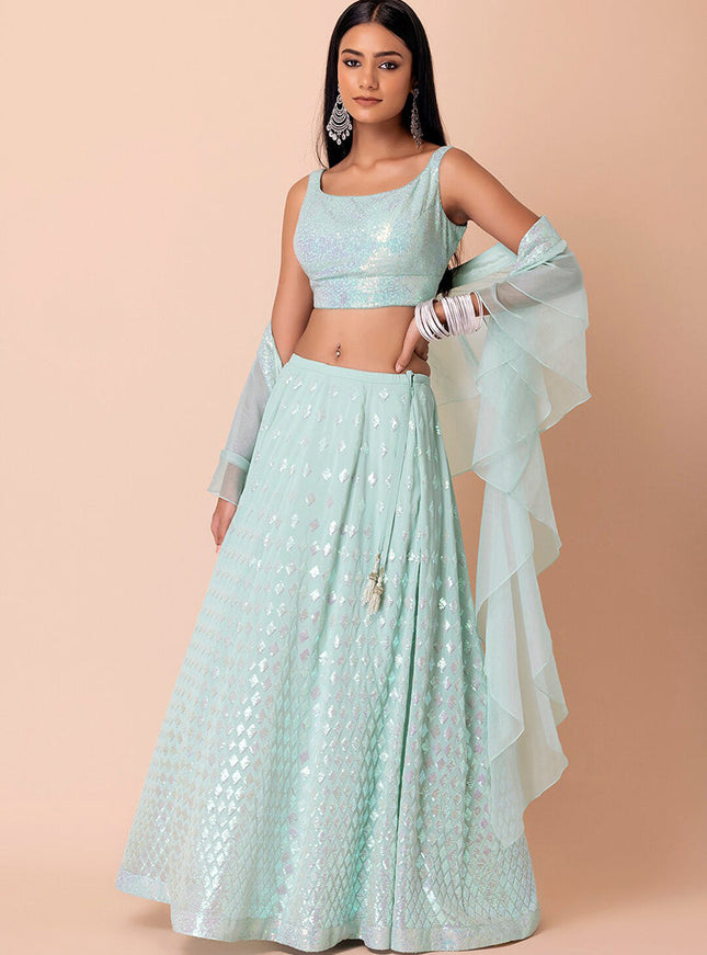 mint blue embroidered georgette lehenga choli set
