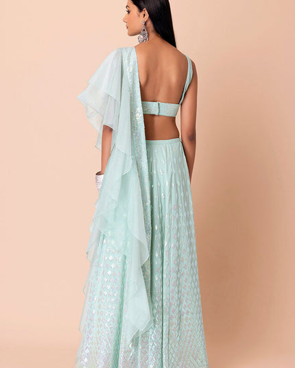 mint blue embroidered georgette lehenga choli set