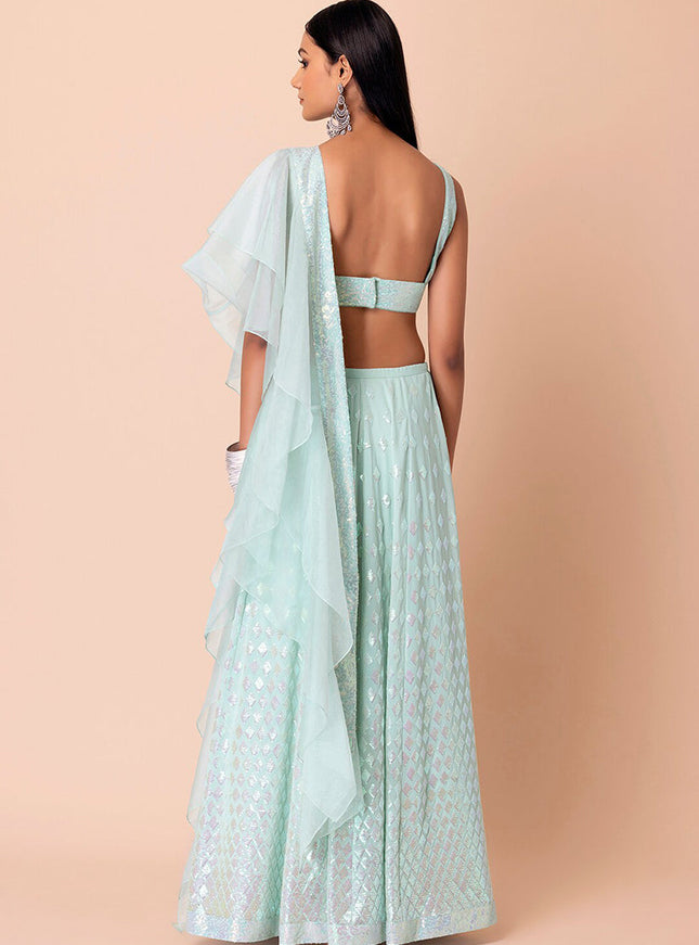 mint blue embroidered georgette lehenga choli set