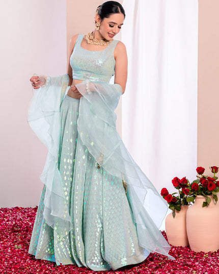 mint blue embroidered georgette lehenga choli set