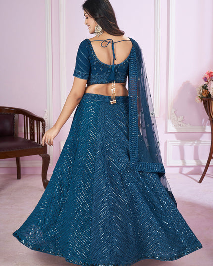 Peacock Blue Georgette Sequins Embroidered Wedding Lehenga Choli