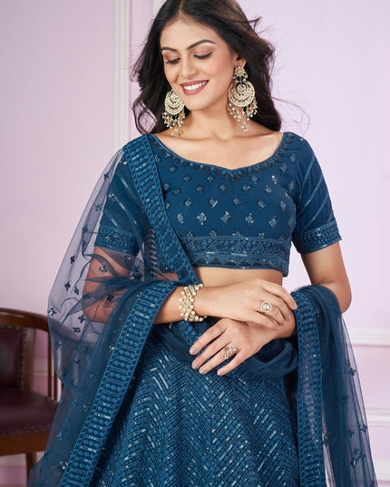 Peacock Blue Georgette Sequins Embroidered Wedding Lehenga Choli