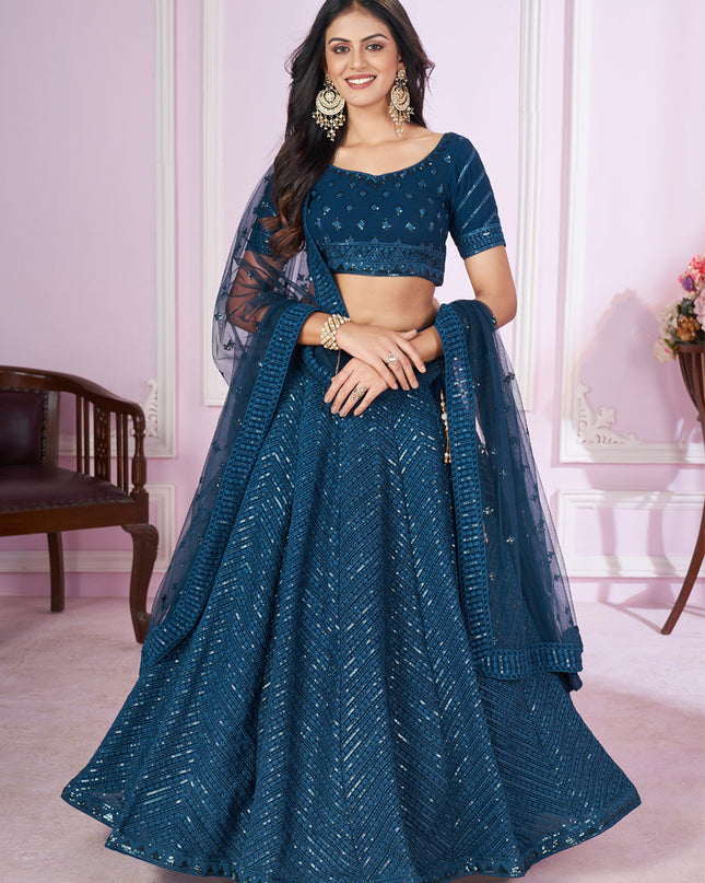 Peacock Blue Georgette Sequins Embroidered Wedding Lehenga Choli