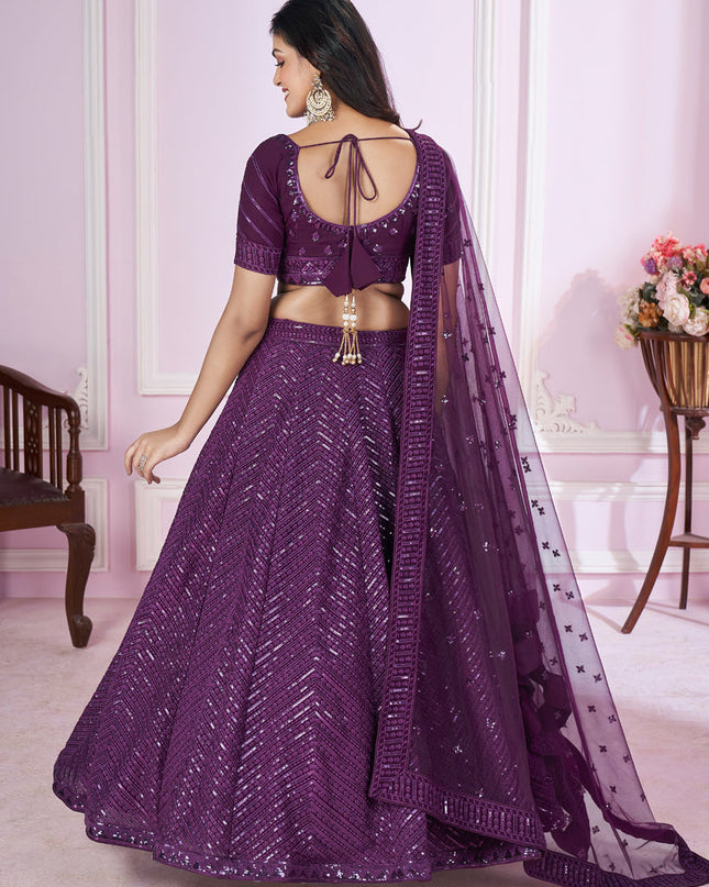 Wine Georgette Sequins Embroidered Wedding Lehenga Choli