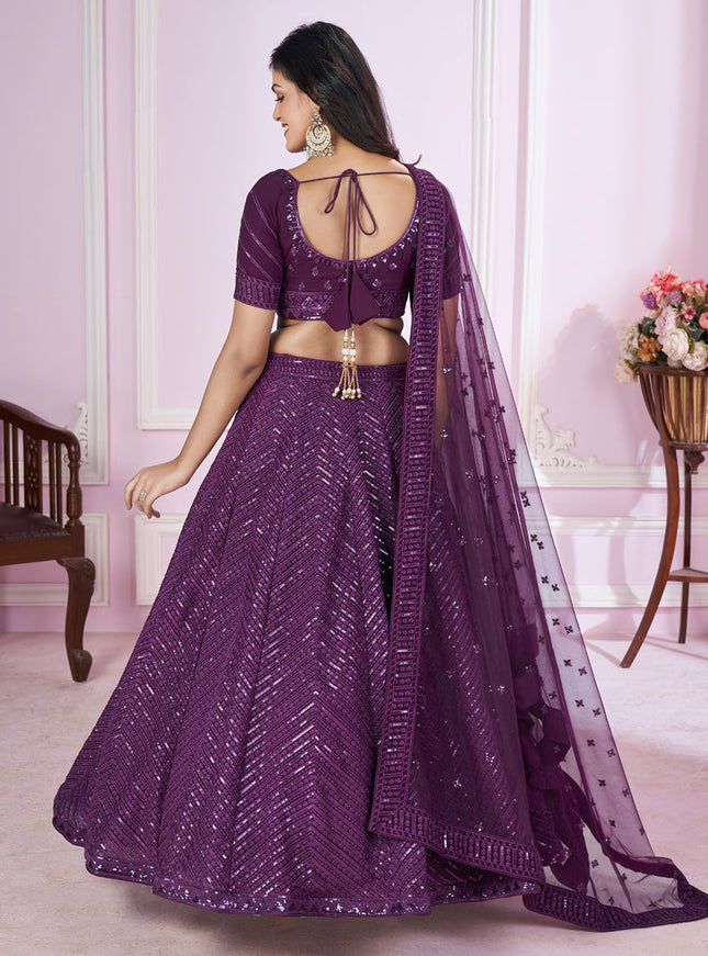Wine Georgette Sequins Embroidered Wedding Lehenga Choli